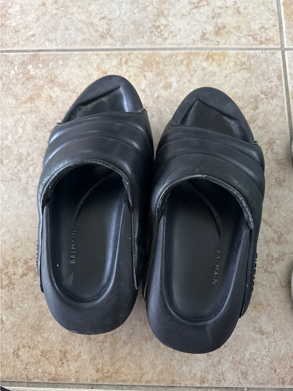 Balmain Men's Black Quilted Leather Slide Sandals